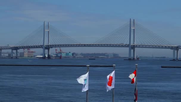 5月29日横浜 横浜車のタイムラプスベイブリッジとフェリーでの交通3本の旗を持つ輸送 — ストック動画