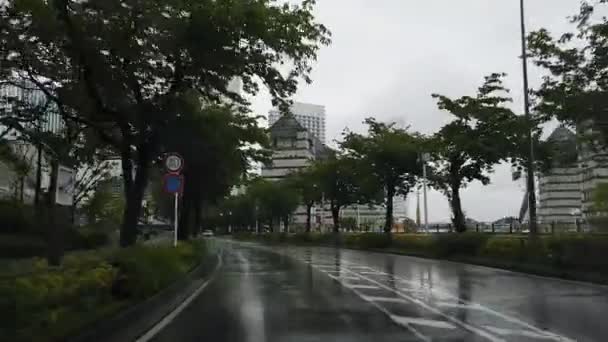 Vista Auto Davanti Una Giornata Piovosa Yokohama Minato Mirai Bordo — Video Stock