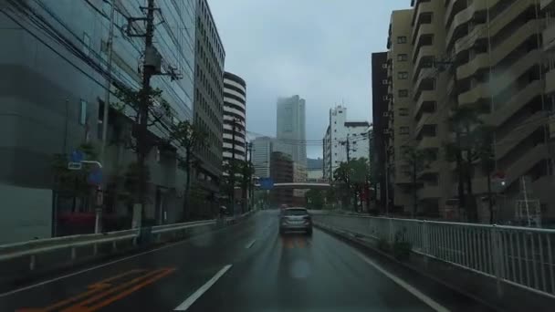 Iew Front Car Rainy Day Yokohama Minato Mirai Board Video — Video Stock