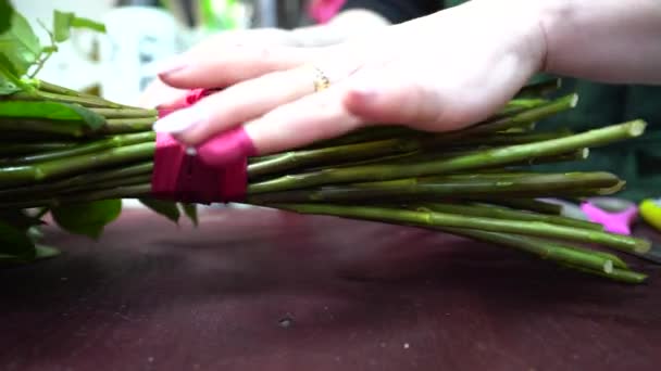 Girl Bandages Bouquet Red Ribbon — Stock Video