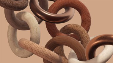 Farklı malzemelerin halkaları. Soyut 3d oluşturma.