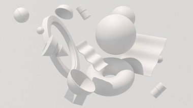 Beyaz geometrik şekiller, sert ışık. Soyut illüstrasyon, 3d canlandırma.