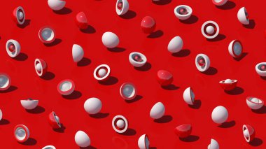 Kırmızı ve beyaz yarımküre ve toplar. Kırmızı arka plan. Soyut illüstrasyon, 3d canlandırma.