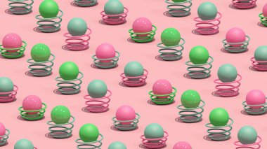 Renkli toplar ve yaylar. Soyut illüstrasyon, 3D canlandırma.