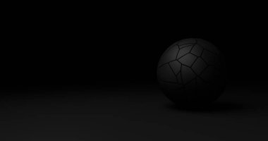 Geometrik yüzeyi olan siyah küre. Dijital sanat, 3D görüntüleme. Boşluğu kopyala.