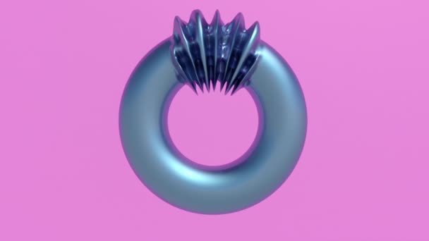 Blauwe Metalen Ring Vervormd Roze Achtergrond Abstract Animatie Render — Stockvideo