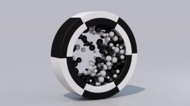 Siyah ve beyaz halkalar ve yuvarlanan toplar. Soyut canlandırma, 3 boyutlu canlandırma.