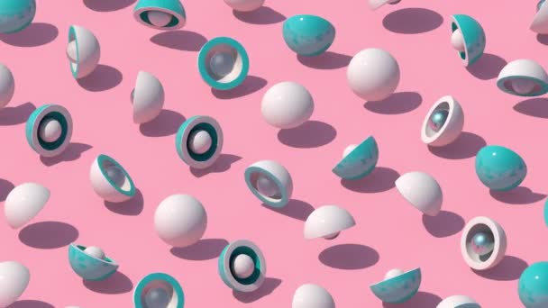 Hémisphères et boules bleus et blancs. Fond rose. Animation abstraite, rendu 3d.