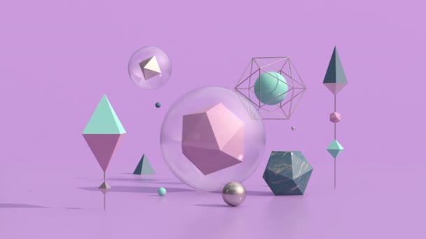 Barevné Geometrické Tvary Skleněných Kuličkách Lilac Pozadí Abstraktní Animace Vykreslení — Stock video