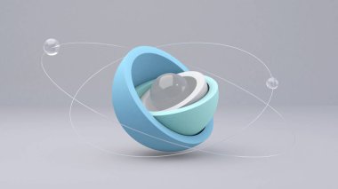 Mavi, nane yeşili, beyaz yarımküre. Cam toplar. Soyut illüstrasyon, 3D canlandırma.