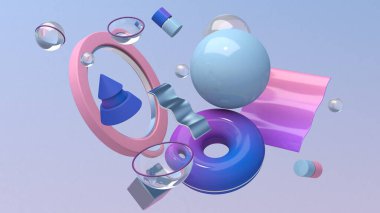 Mavi, pembe, mor geometrik şekiller. Soyut illüstrasyon, 3D canlandırma.
