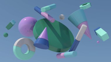 Gökyüzünde renkli geometrik şekiller. Soyut illüstrasyon, 3D canlandırma.