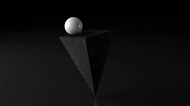 Beyaz top ve siyah piramit, mermer şekiller. Soyut illüstrasyon, 3D canlandırma.