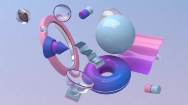 Mavi, pembe, mor geometrik şekiller. Soyut canlandırma, 3 boyutlu canlandırma.