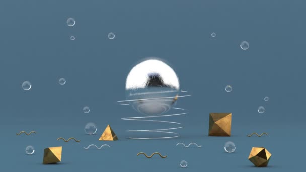 Grande Esfera Metálica Mola Bolas Vidro Formas Douradas Animação Abstrata — Vídeo de Stock