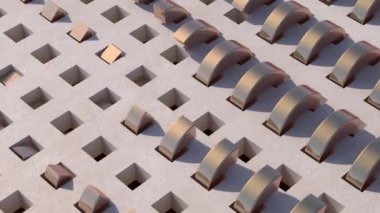 Metalik yarım halkalar dönüyor. Soyut canlandırma, 3 boyutlu canlandırma.