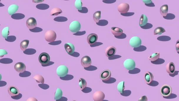 色彩斑斓的半球和球 丁香背景 抽象动画 3D渲染 — 图库视频影像