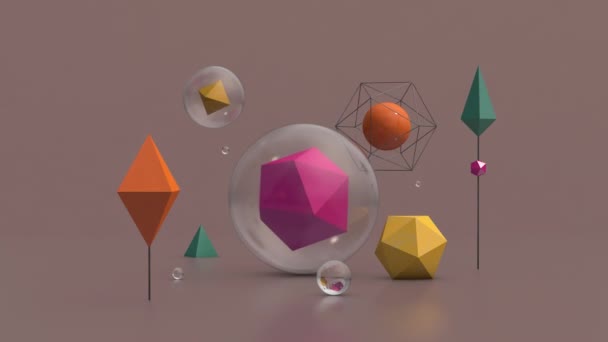Barevné Geometrické Tvary Skleněné Koule Abstraktní Animace Vykreslení — Stock video