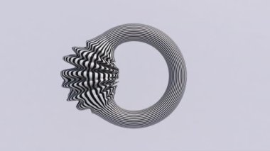 Çizgili siyah beyaz halka deforme oluyor. Soyut canlandırma, 3 boyutlu canlandırma.
