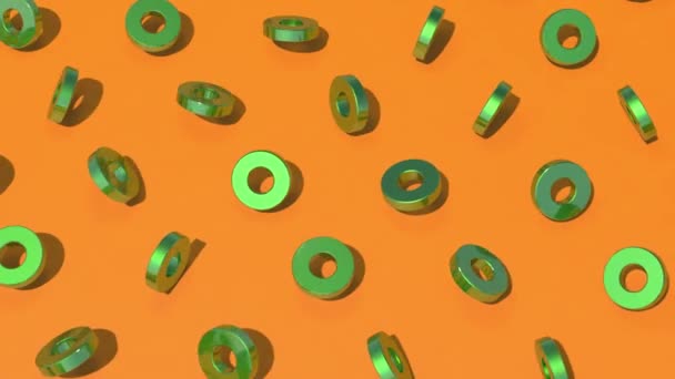 Groene Metalen Ringen Draaiend Oranje Achtergrond Abstract Animatie Render — Stockvideo