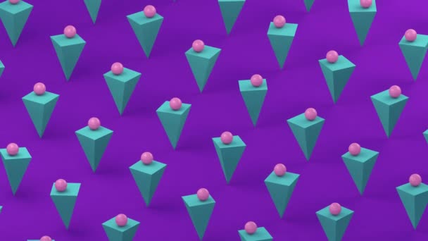 Pirâmides Azuis Hortelã Bolas Rosa Fundo Roxo Animação Abstrata Renderização — Vídeo de Stock