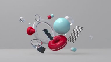 Cam, metal, plastik, renkli geometrik şekiller. Soyut canlandırma, 3 boyutlu canlandırma.