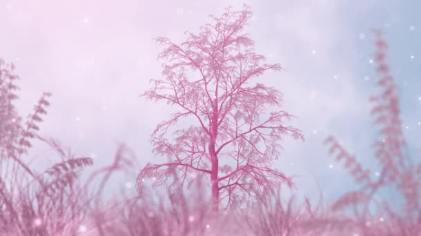 Розовое Дерево Трава Футуристический Пейзаж Абстрактная Анимация — стоковое видео