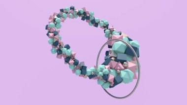 Renkli şekiller ve metalik halka. Leylak arkaplan. Soyut illüstrasyon, 3d canlandırma.