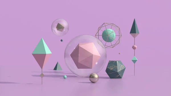 Barevné Geometrické Tvary Skleněných Bublinách Lilac Pozadí Abstraktní Ilustrace Vykreslení — Stock fotografie