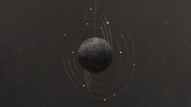 Sphère en béton et anneaux dorés. Animation 3D abstraite.