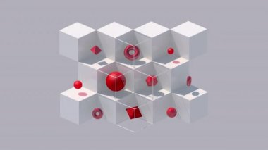 Beyaz küpler ve kırmızı geometrik şekiller. Sert ışık. Soyut canlandırma, 3 boyutlu canlandırma.