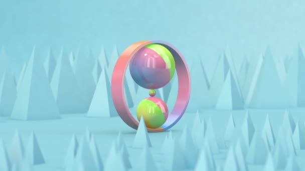 Bunte Kugeln Und Ring Rollen Blauer Hintergrund Farbverlauf Abstrakte Animation — Stockvideo