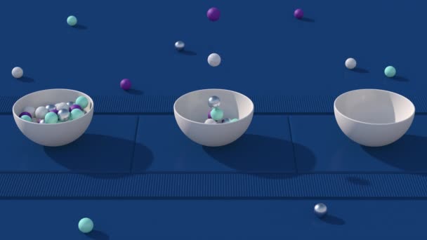 Kleurrijke Ballen Witte Kom Blauwe Transportband Abstract Animatie Render — Stockvideo