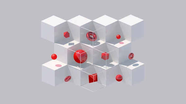 White Cubes Red Geometric Shapes Hard Light Abstract Illustration Render — Stock Photo, Image