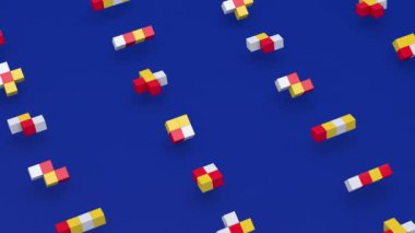 Geometrik şekiller grubu, renkli küpler. Mavi arka plan. Soyut canlandırma, 3 boyutlu canlandırma.
