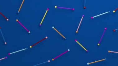 Değişen parlak renkli şekiller. Mavi arka plan. Soyut canlandırma, 3 boyutlu canlandırma.