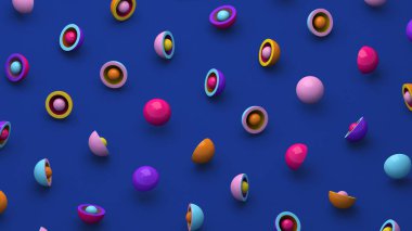Colorful hemispheres and balls. Blue background. Abstract illustration, 3d rendering.	