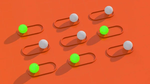 绿色和灰色闪亮的球 橙色背景 发光的球体摘要说明 3D渲染 — 图库照片