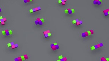 Geometrik şekiller grubu, renkli küpler. Gri arka plan. Soyut canlandırma, 3 boyutlu canlandırma.