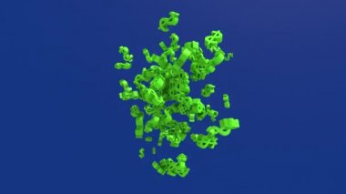 Yeşil dolar işareti. Gelir büyüme konsepti. Mavi arka plan. Soyut canlandırma, 3 boyutlu canlandırma.