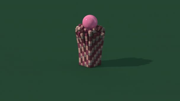 Bola Rosa Destruyendo Colorida Torre Cubo Fondo Verde Animación Abstracta — Vídeos de Stock