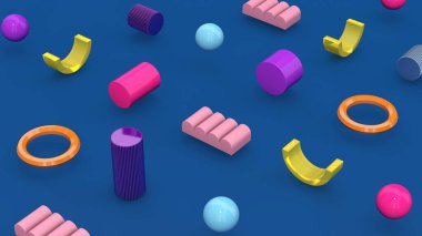 Mavi arka planda renkli parlak geometrik şekiller. Soyut illüstrasyon, 3d canlandırma.