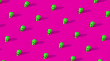Açık yeşil kafatasları, pembe arka plan. Soyut illüstrasyon, 3d canlandırma.