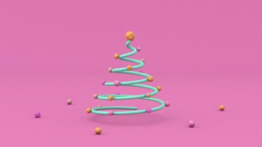 Minimalist Noel ağacı. Parlak dekorasyon. Pembe arka plan. Soyut canlandırma, 3 boyutlu canlandırma.