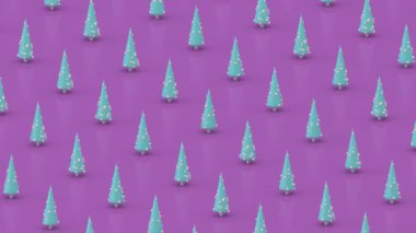 Mavi minimalist noel ağaçları. Parlak dekorasyon, mor arka plan. Soyut canlandırma, 3 boyutlu canlandırma.