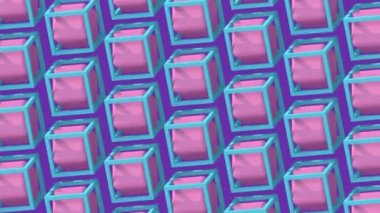 Pembe küpler topa dönüşüyor, mavi çerçeve. Mor arka plan. Soyut canlandırma, 3 boyutlu canlandırma.