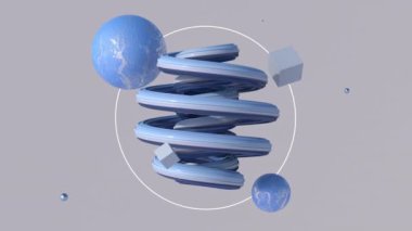Mavi parlak spiral ve desenli şekiller. Sanat kompozisyonu. Soyut canlandırma, 3 boyutlu canlandırma.