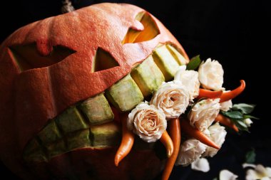 Çiçekleri yiyip bitiren şeytani balkabağı ve kırmızı biber. Cadılar Bayramı dekoru. Kapat..