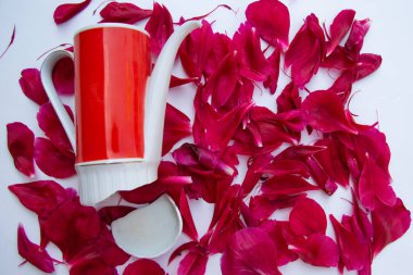 Kırmızı ve beyaz porselen bir kahve demliği, kıçı parçalanmış kırmızı şakayıkların üzerinde duruyor. Yapraklar beyaz bir arka planda yatıyor..