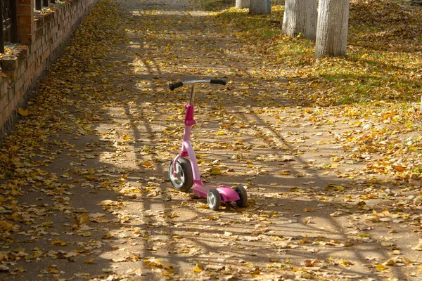 Červená s růžovým tříkolovým dětským skútrem stojí na trati na podzim. Na trati je spousta žlutých suchých listů.. — Stock fotografie